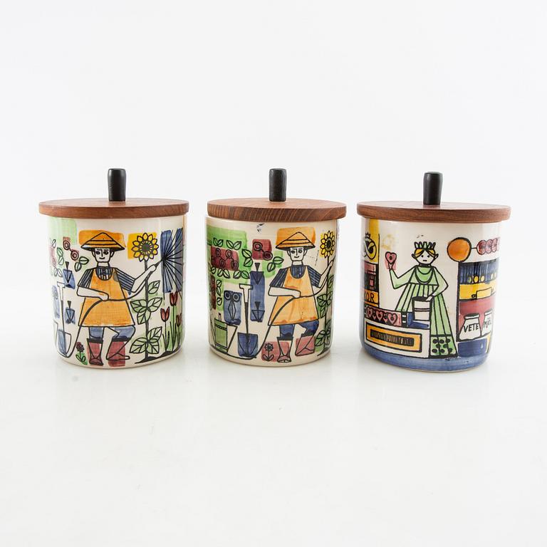 Anita Nylund jars with lids and shaker 6 dl "Our Little Town" and "The Pepparsson Family" JIE Grantofta 1950s/60s.