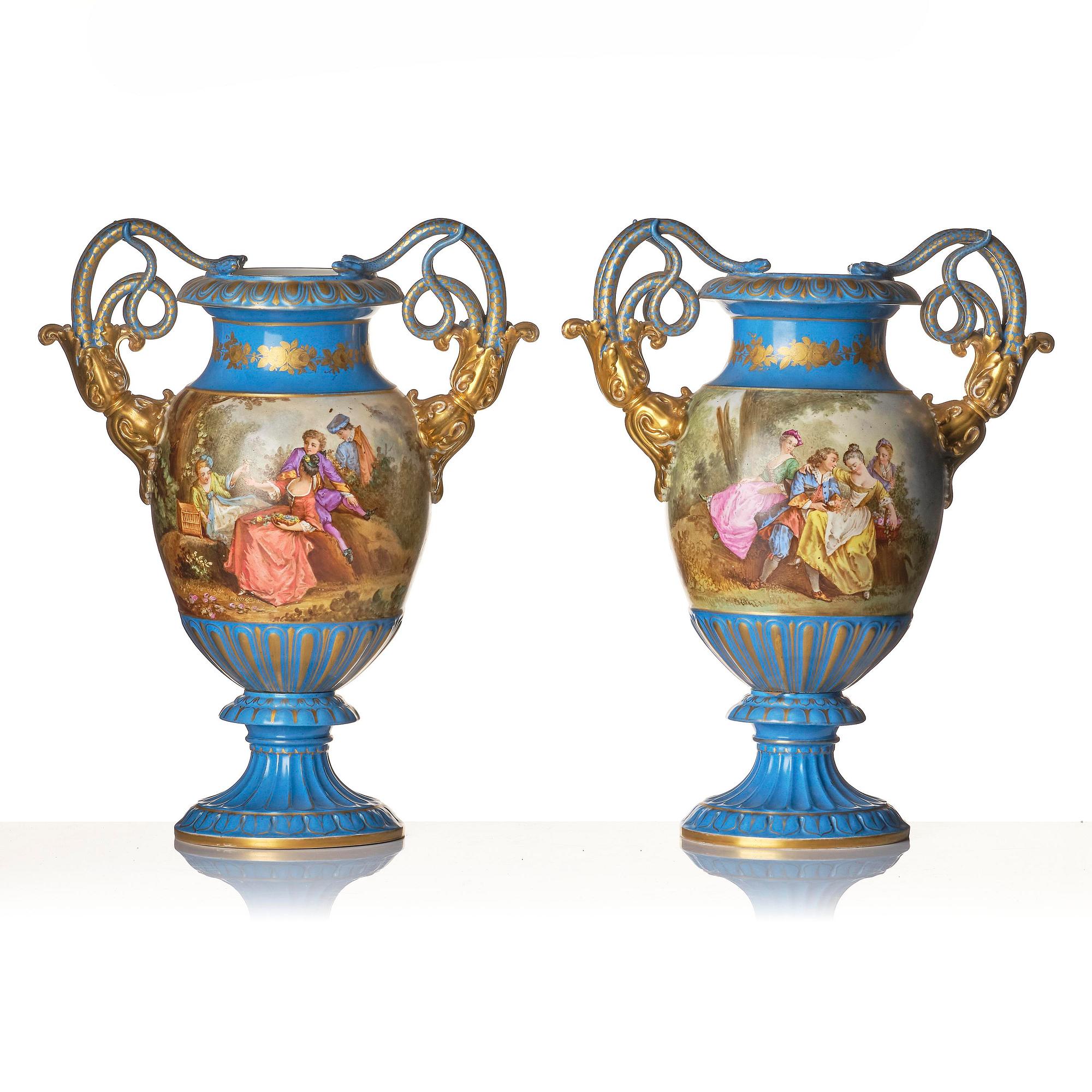 A pair of large porcelain urns, Sèvres like mark, around 1900.