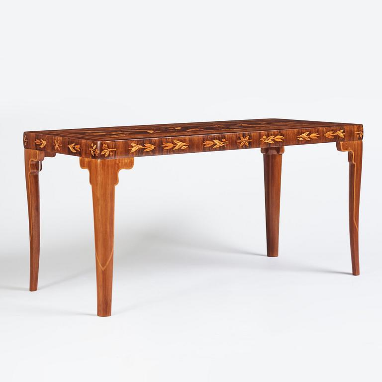 Carl Malmsten, a richly inlayed table, executed by master cabinet maker Albin Johansson, Stockholm 1938.