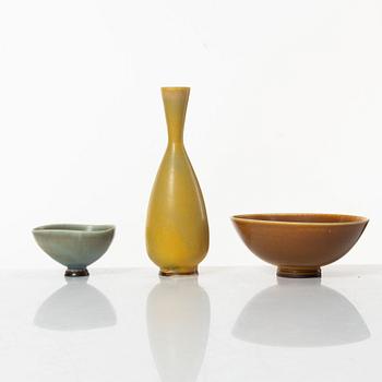 Berndt Friberg, a pair of bowls, and a vase, stoneware, Gustavsberg studio, 1954; 1972 and 1974.