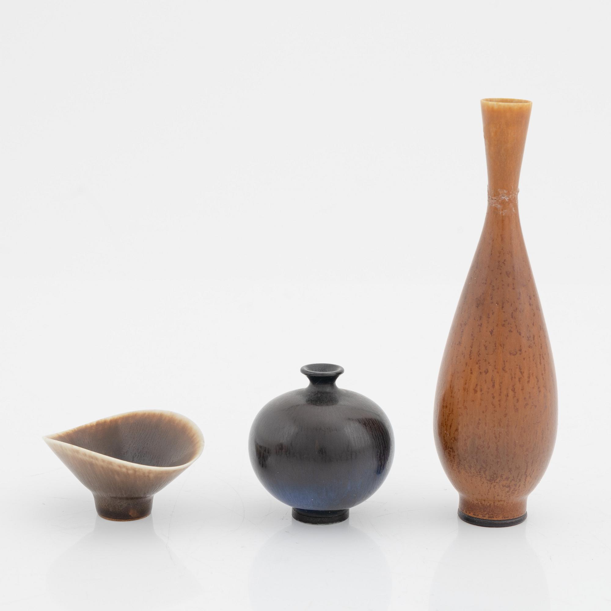 Berndt Friberg, a set of two miniature vases and a bowl, Gustavsberg studio, Sweden 1957.