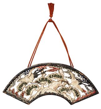 Two sun feather shaped carved and painted wooden decorative elements, with Mandarin ducks and Cranes. Qing dynasty, 19th Century.