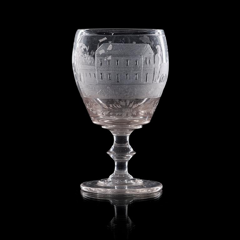 A Danish wedding glass goblet, dated 1860.