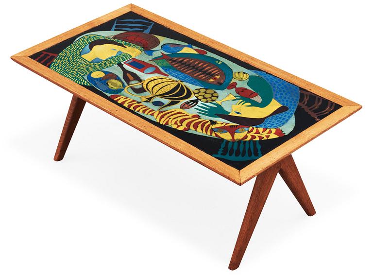 A Stig Lindberg and David Rosén enamel and oak sofa table, Gustavsberg and Nordiska Kompaniet, Sweden 1950's.