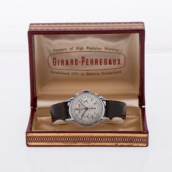 ARMBANDSUR, herr, Girard Perregaux "triple-date" kronograf, stål. Original box. 1940-tal.
