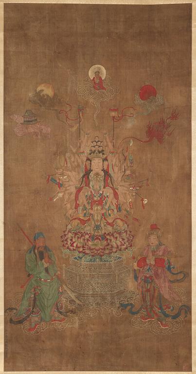 A Song-style hanging scroll of a eleven-headed Avalokiteshvara, Qing dynasty, 19th century.