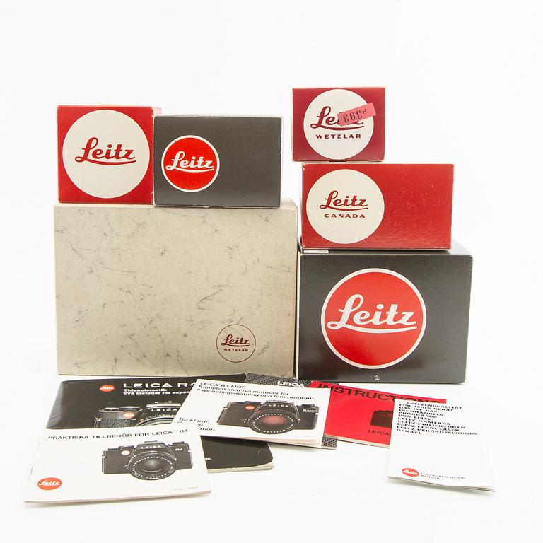 Leica R4s camera body, lens, and accessories.