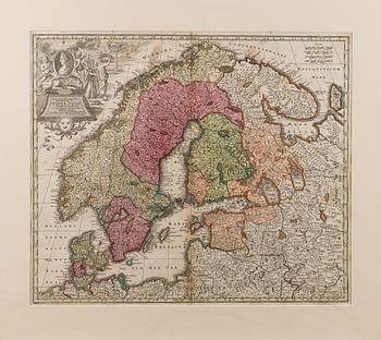 KARTA ÖVER SKANDINAVIEN. Sueciae, Daniae et Norwegiae. Matthäus Seutter. 1700-talets första hälft.