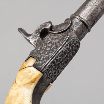 A mid 19th century Belgian rifled percussion pistols with ivory butts in a case.