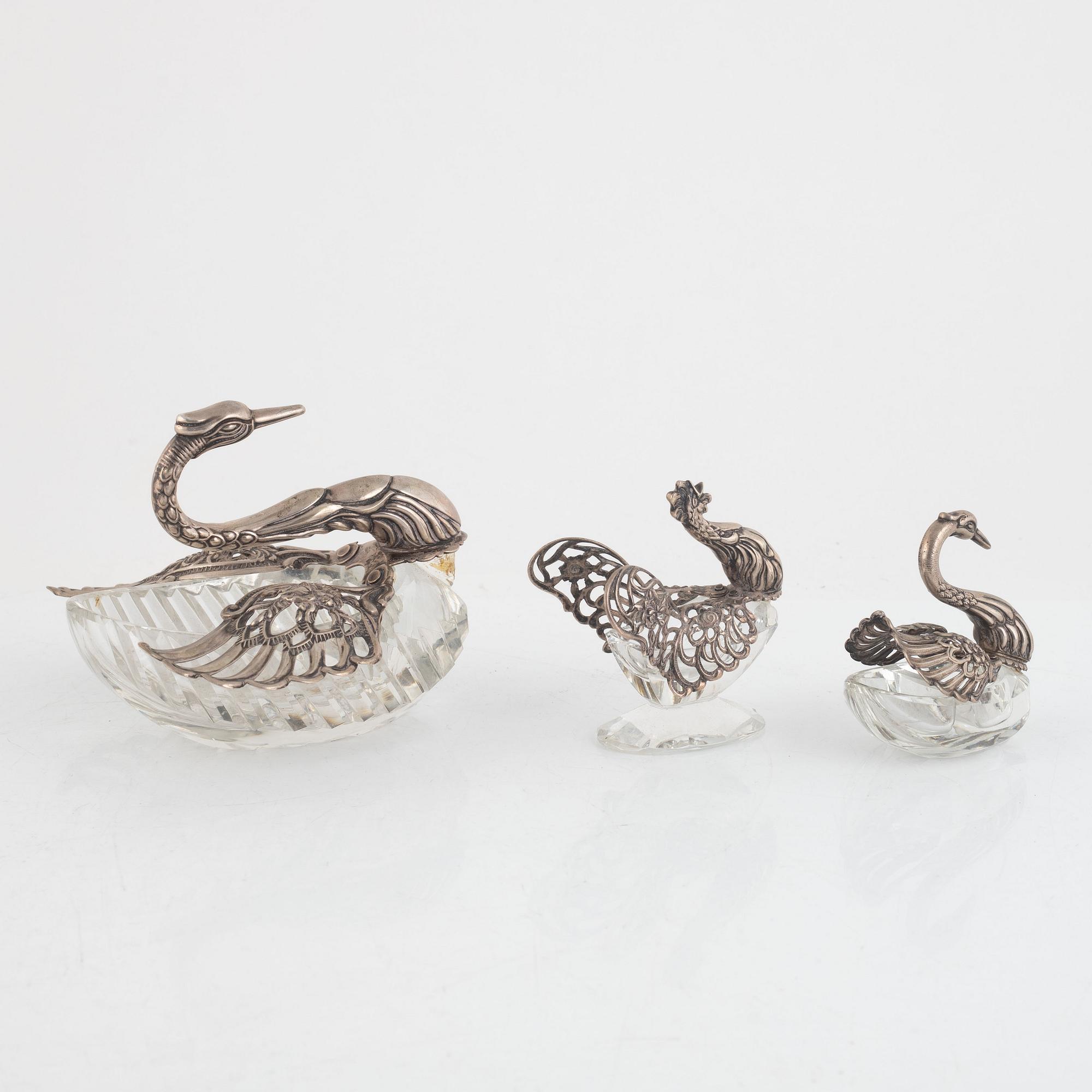 Salt cellar/table accessory, silver and glass, three pieces, mid-20th century.