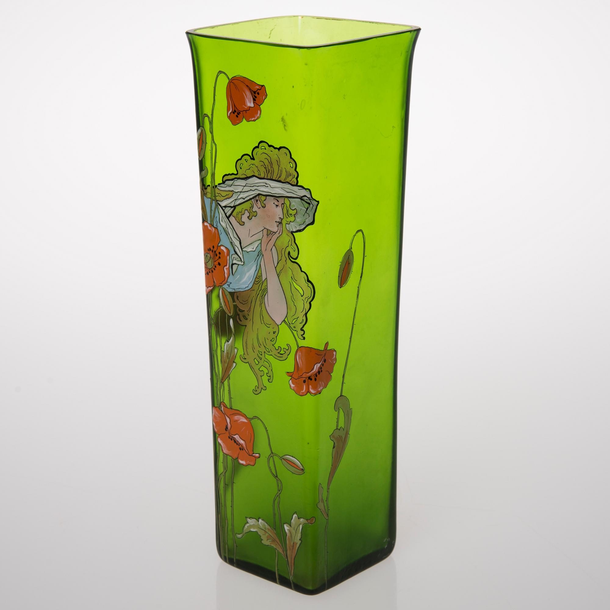 A VASE, glas with painted decoration, Jugend ca 1900.