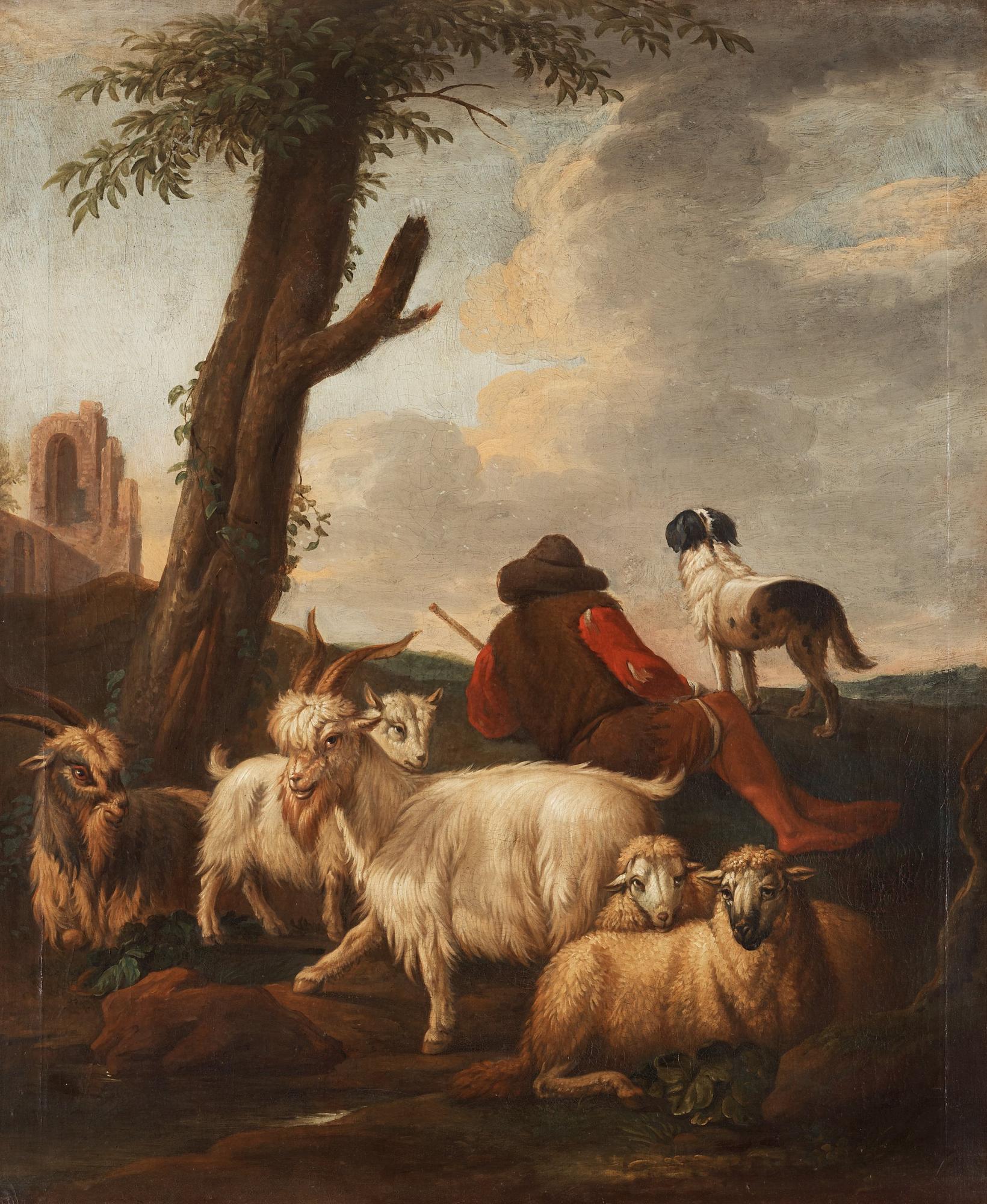 Simon van der Does Hans krets, Pastoralt landskap med herde, hund, får och getter.