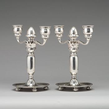 Georg Jensen, a pair of 830/1000 silver two light candelabra, Copenhagen 1918, model nr 93.