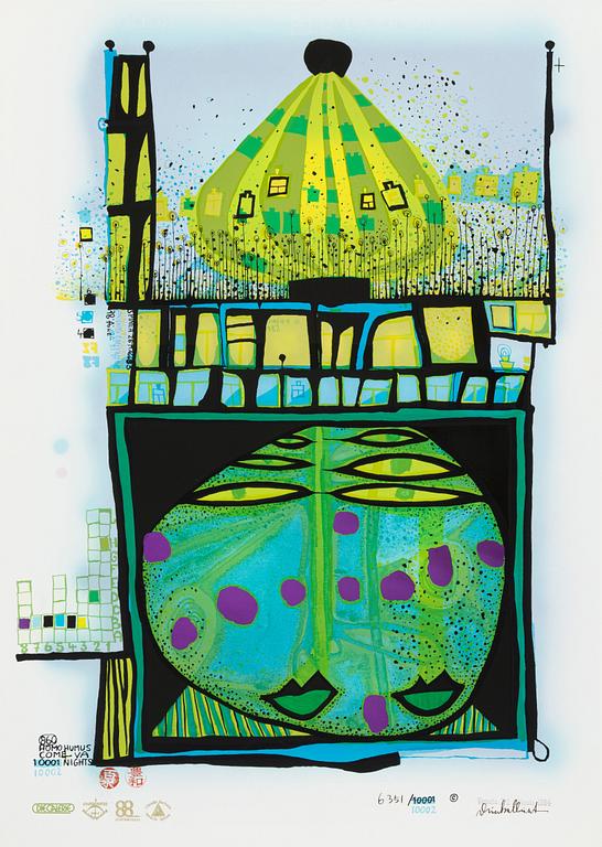 Friedensreich Hundertwasser, fotolitografi och serigrafi med metallprägling, 1984. Signerad och numrerad 6351/10002.