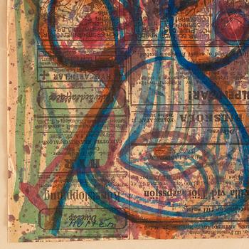CO Hultén, mixed media on newspaper, signed and executed 1946.