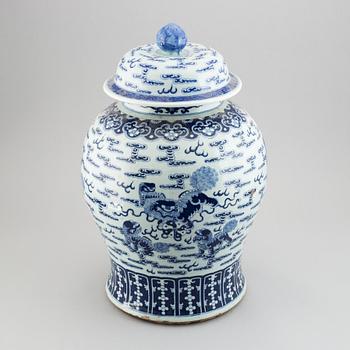 A large blue and white jar with cover, China, 20th Century.