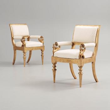 A pair of armchairs attributed to Karl Friedrich Schinkel, marked "Schloss Berlin", Berlin circa 1830.