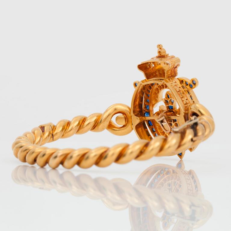 ARMRING/BROSCH med gammalslipade diamanter och safirer. Monogramdekor för Willem III och Emma Waldeck-Pyrmont.