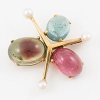 Brooch, Carlman, 18K gold with cabochon-cut tourmaline and pearls.