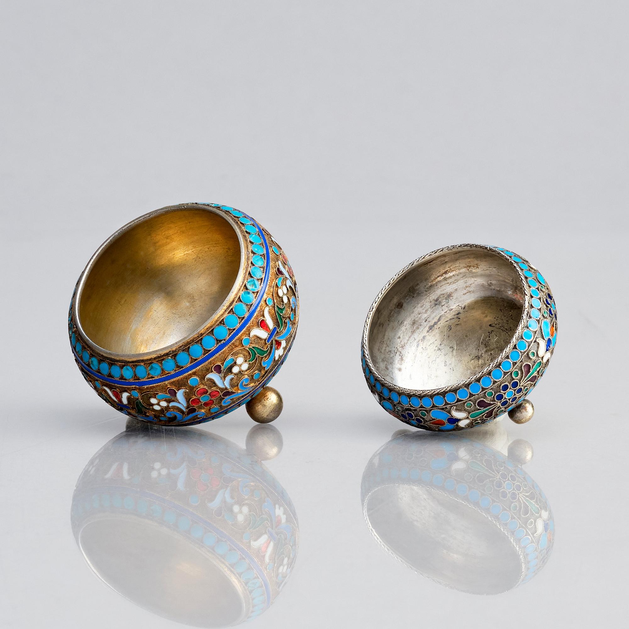 Two Russian spice/salt-cellars, parcel-gilt silver and enamel, mark of Ivan Saltykov and Ivan Sergeyevich Lebedkin.