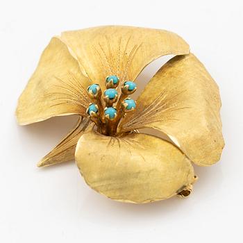 Brosch, 18K guld i form av blomma med turkoser.