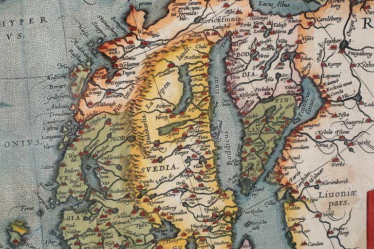 A hand colored map by Abraham Ortelius, "Septentrionalium Regionum Descrip.", probably 17th century.