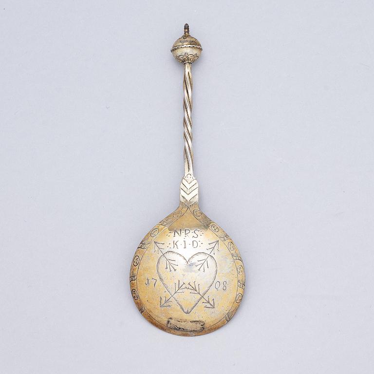A Scandinavian late 17th/early 18th century parcel-gilt silver wedding-spoon, unmarked.