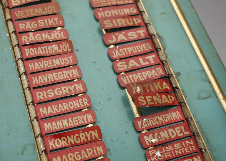 INKÖPSTAVLA TILL HUSHÅLLET, plåt, 1930/40-tal.