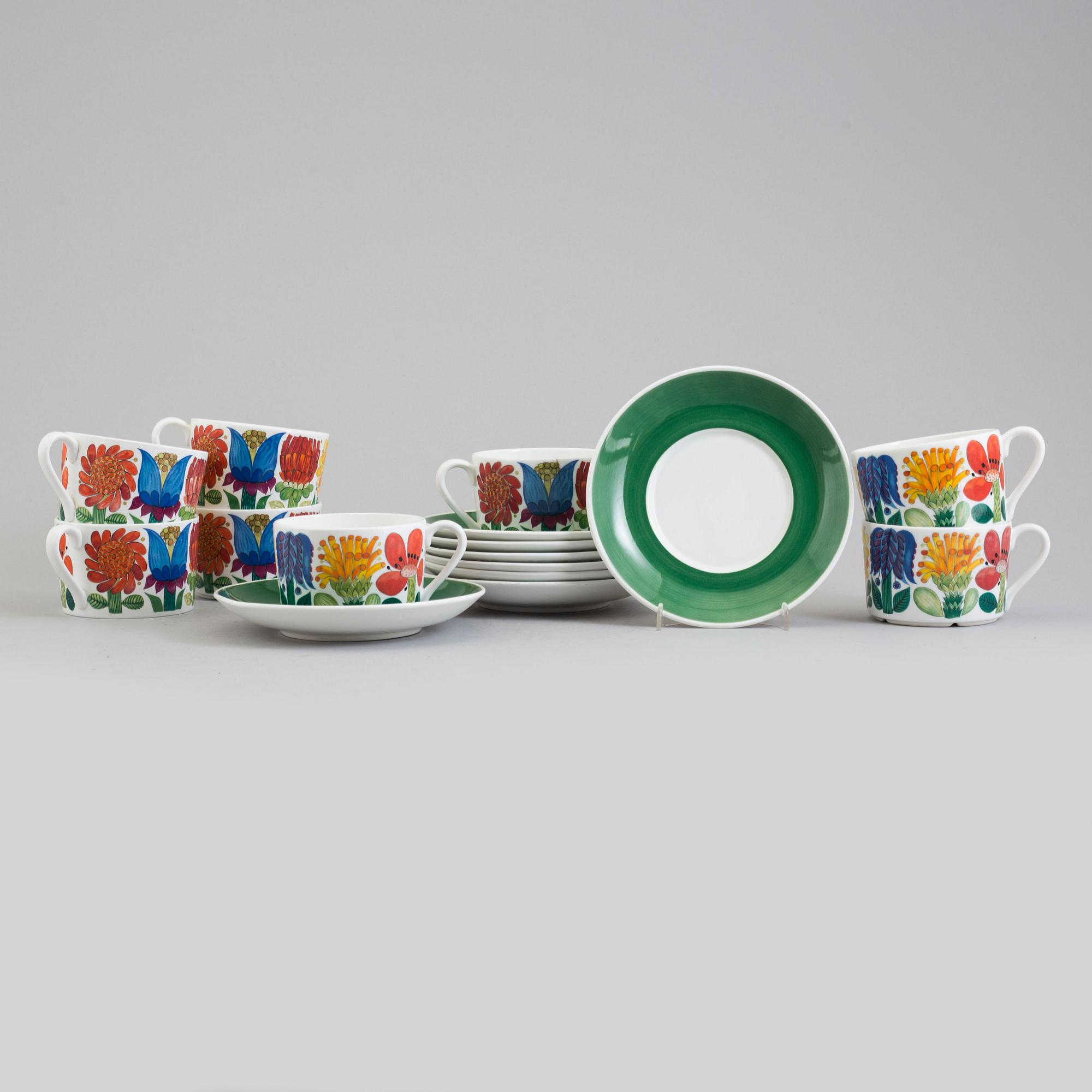STIG LINDBERG, six 'Tahiti' bone china tea cups and saucers from Gustavsberg, 1970's.