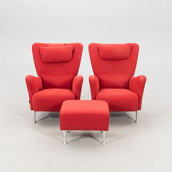 Carl-Henric Spak armchairs, a pair, and footstool "Stepp" for Swedese, 21st century.