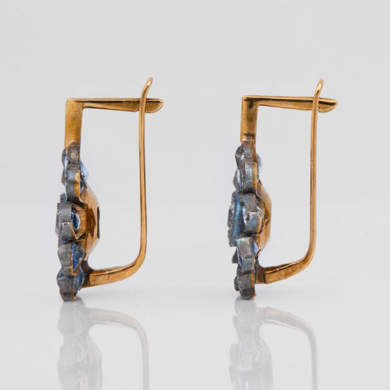 A pair of old-cut diamond and pale blue sapphire earrings. Russian setting.