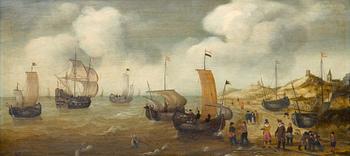 141. Cornelis Verbeeck, HOLLANTILAISIA KAUPPAMIEHIÄ JA MUITA LAIVOJA RANNIKON TUNTUMASSA.
