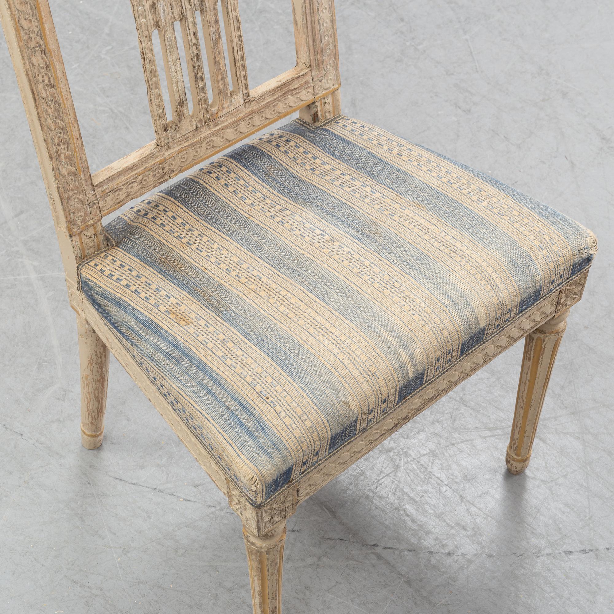 A set of six gustavian chairs made in Lindome by Johannes Andersson (1763-1840), signed IAS+, around the year 1800.