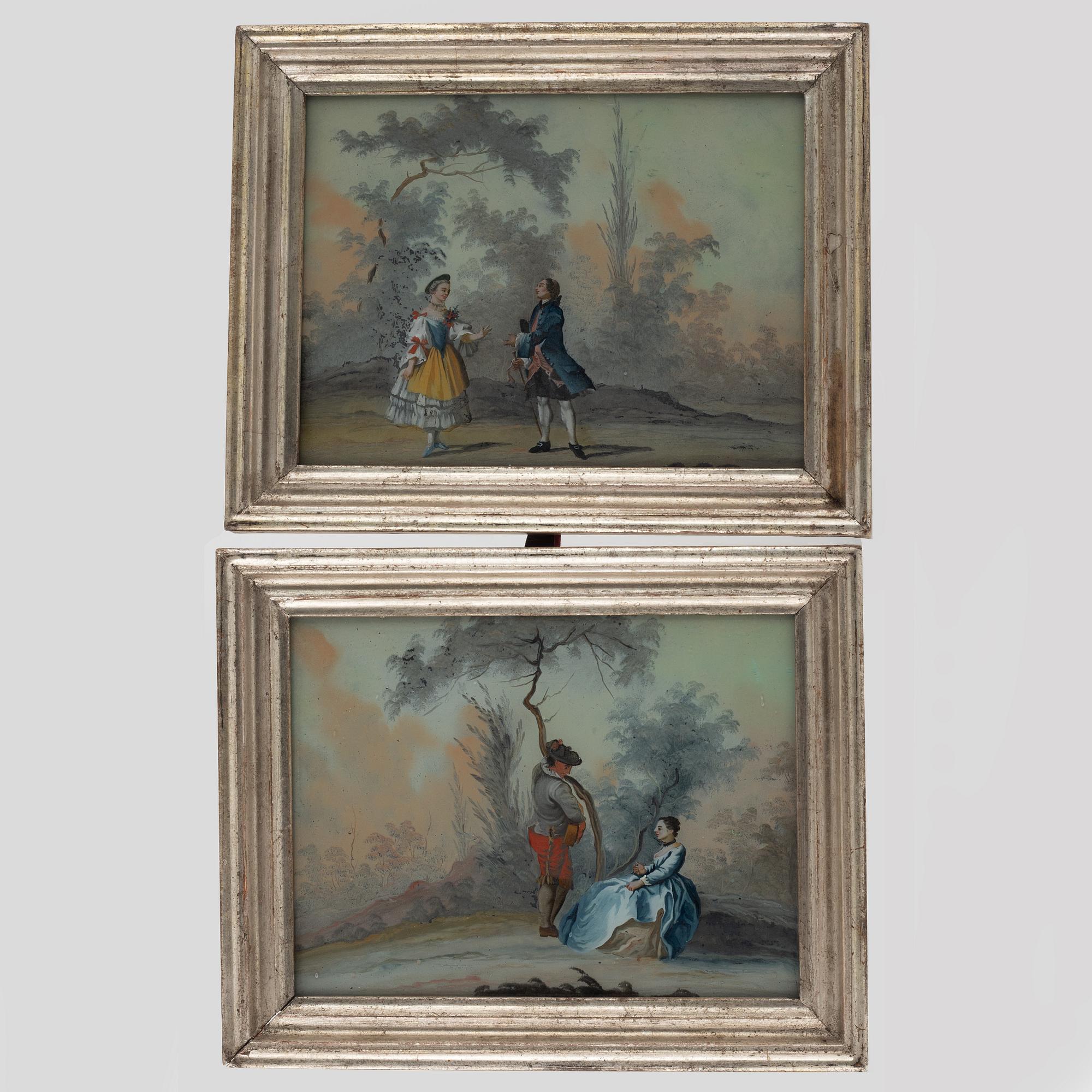 Glasmålningar, ett par, 1700/1800-tal. Pastorala scener.