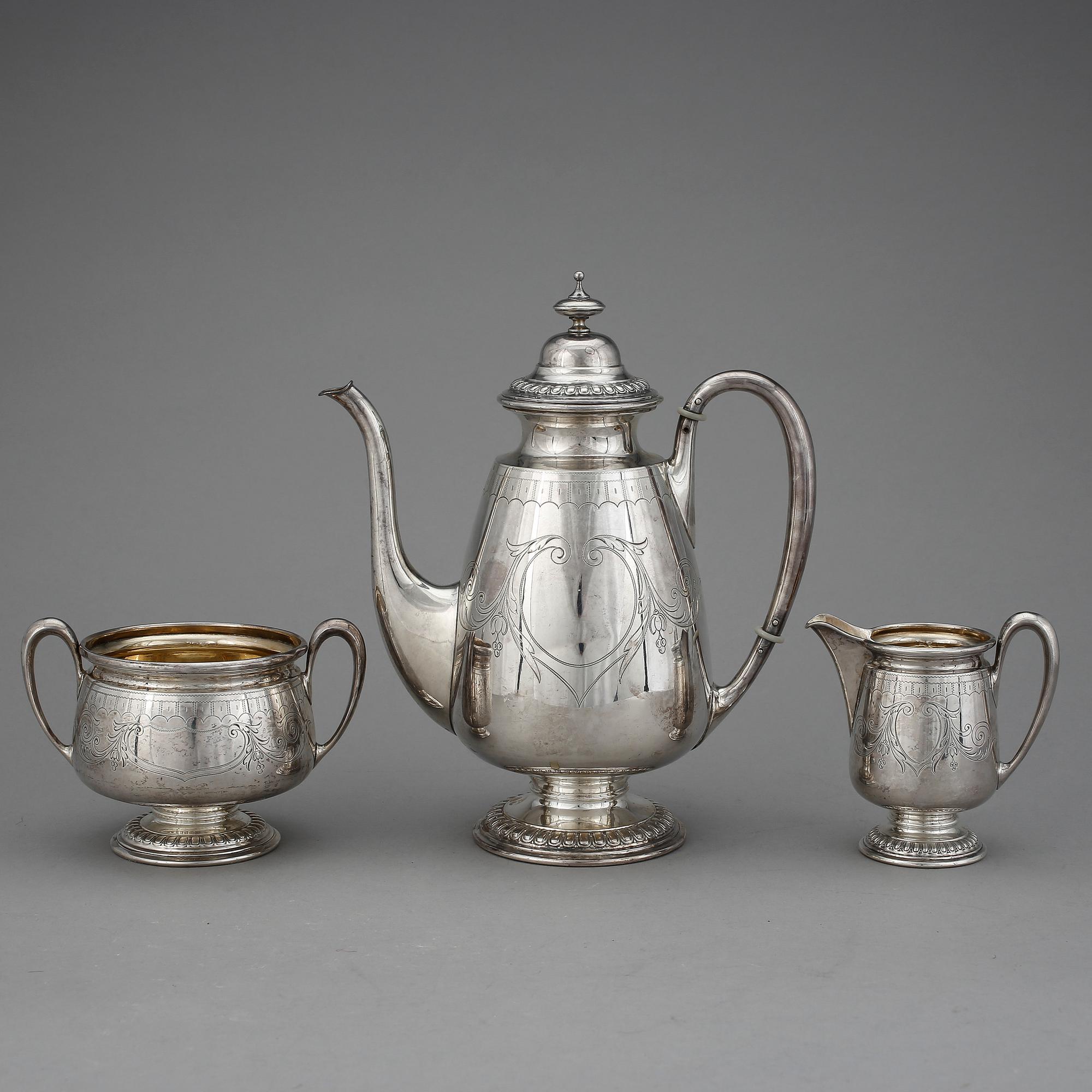 KAFFESERVIS, 3 delar, silver, Anders Gustaf Millberg, Stockholm, 1877-78. Vikt ca 697 g.