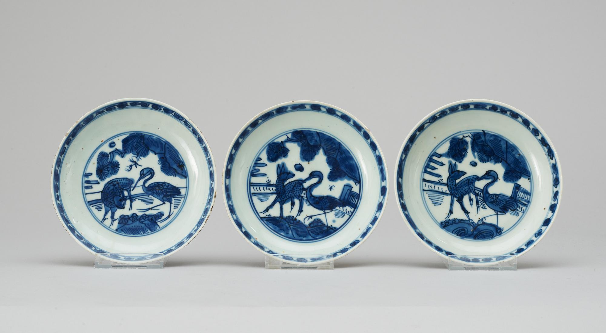A set of three blue and white dishes, Ming dynasty.