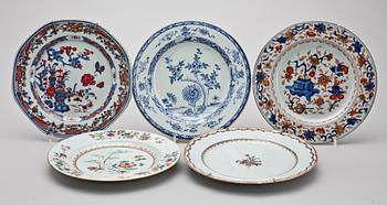 TALLRIKAR, 5 st, porslin, Kina, 1700-tal.