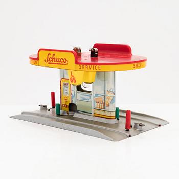 Schuco, toy, petrol station, model 3055, original packaging, Germany, mid-20th century.