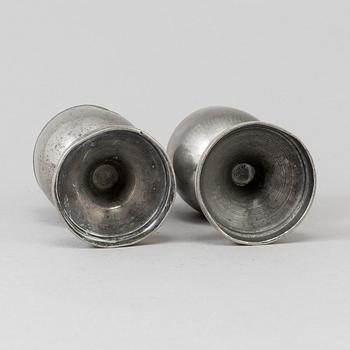 TWO 18TH CENTURY PEWTER SHAKERS.