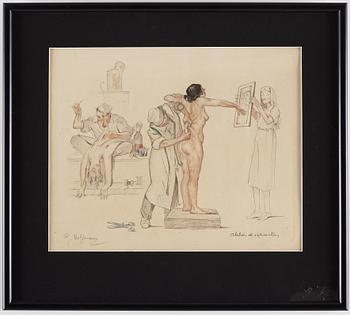 An etching by an unknown artist "Atelier de reparation", signed G Hoffman.