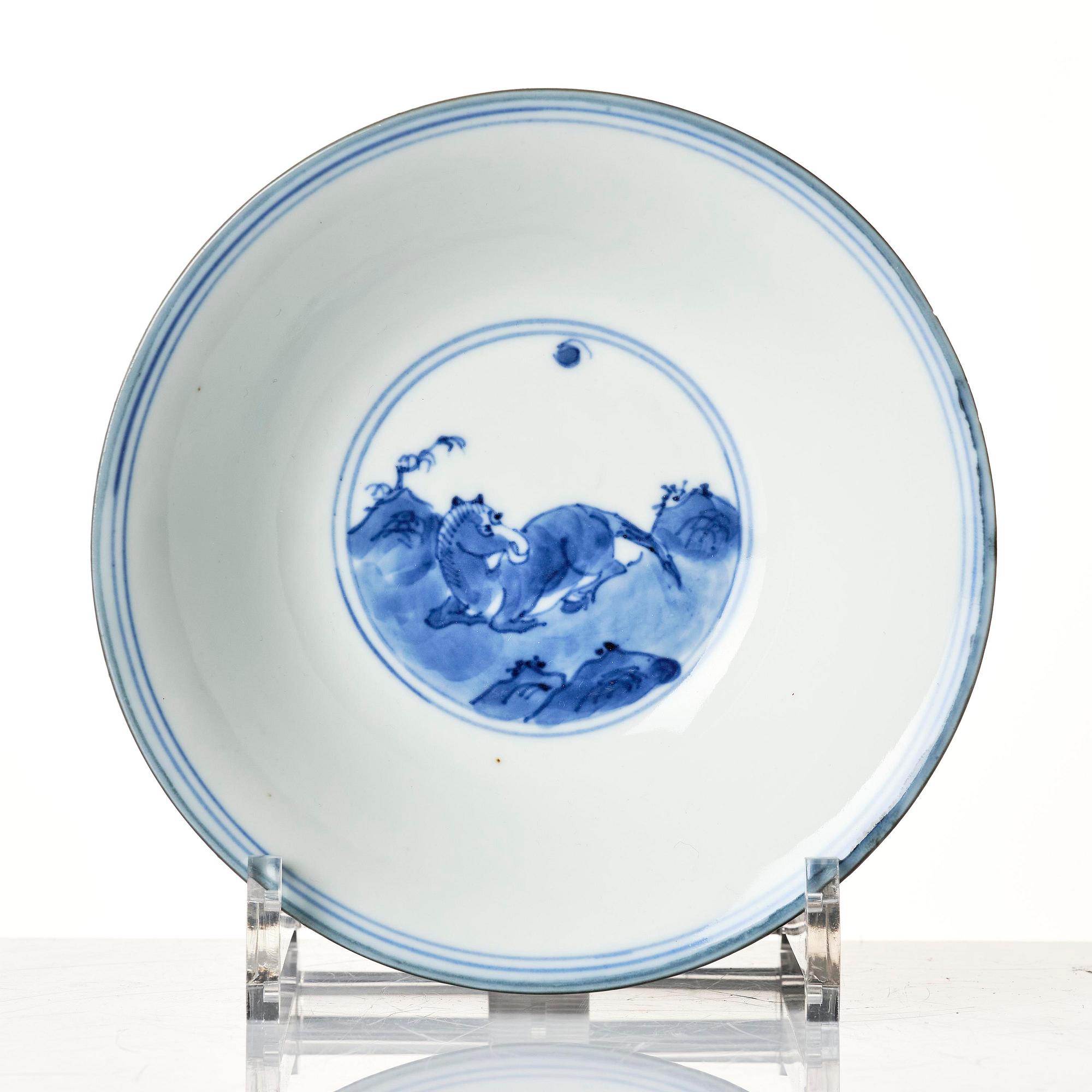 A blue and white Kung Mu bowl, 17th century with a Jiajing mark.