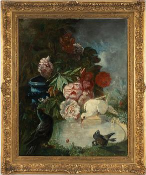Okänd konstnär, 1800-tal, signerad Buffet? Stilleben med blommor och fåglar.
