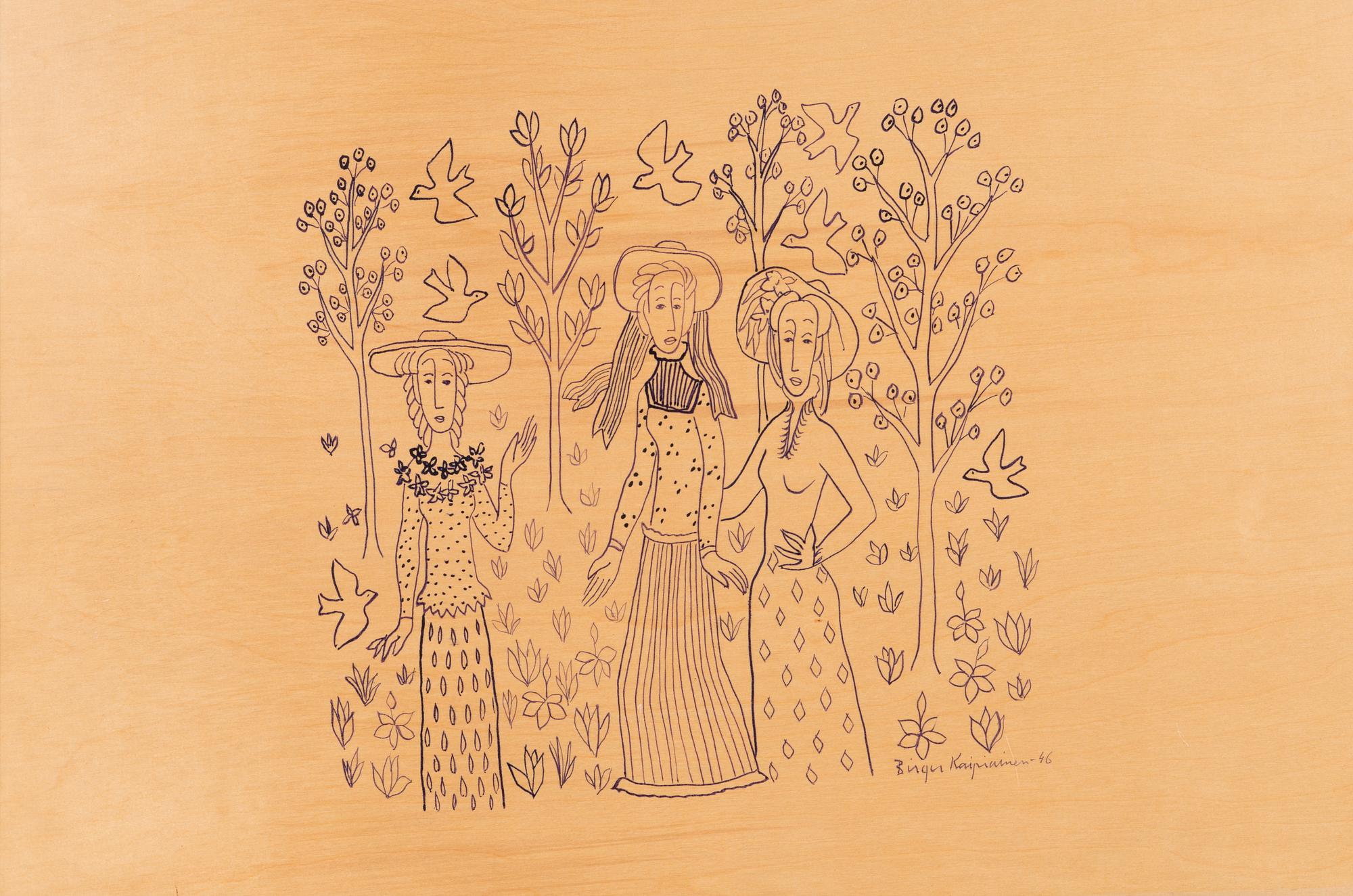 Birger Kaipiainen, drawing, lilac ink on plywood, signed and dated -46.