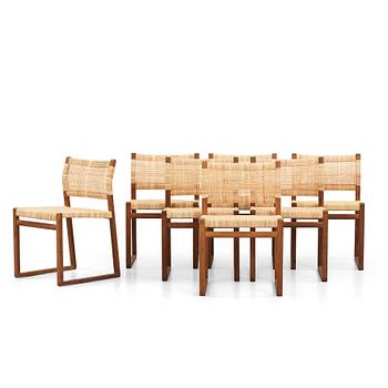 515. Børge Mogensen, a set of seven oak and rattan 'BM61' chairs, Fredericia Denmark.