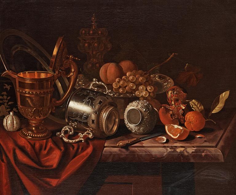 Pieter Gerritsz. van Roestraten, Stilleben med frukter, kniv och pokaler.