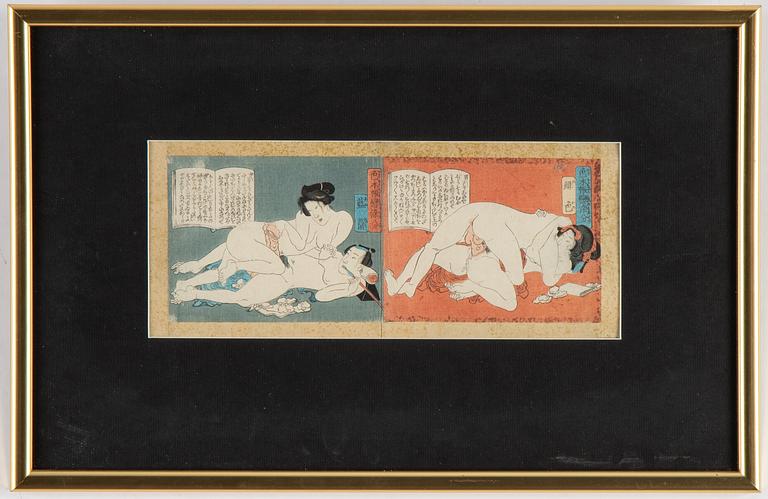 Blad ur album, 6 st, färgträsnitt. Japan, sent 1800/tidigt 1900-tal.