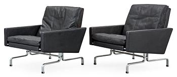 A pair of Poul Kjaerholm 'PK-31' black leather easy chairs, E Kold Christensen, Denmark.