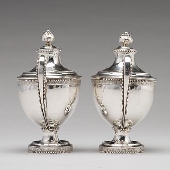 A pair of Swedish 18th century silver sugar bowls and covers, mark of  Fredrik Petersson Strö, Stockholm 1784.