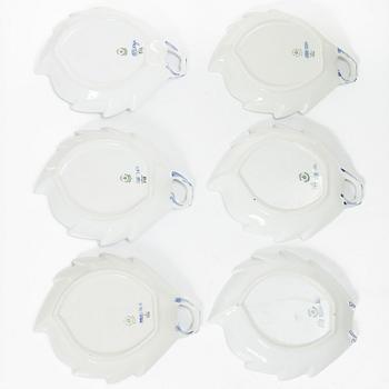 Royal Copenhagen, Six Leaf-shaped 'Musselmalet' dishes, Denmark, 20th century.