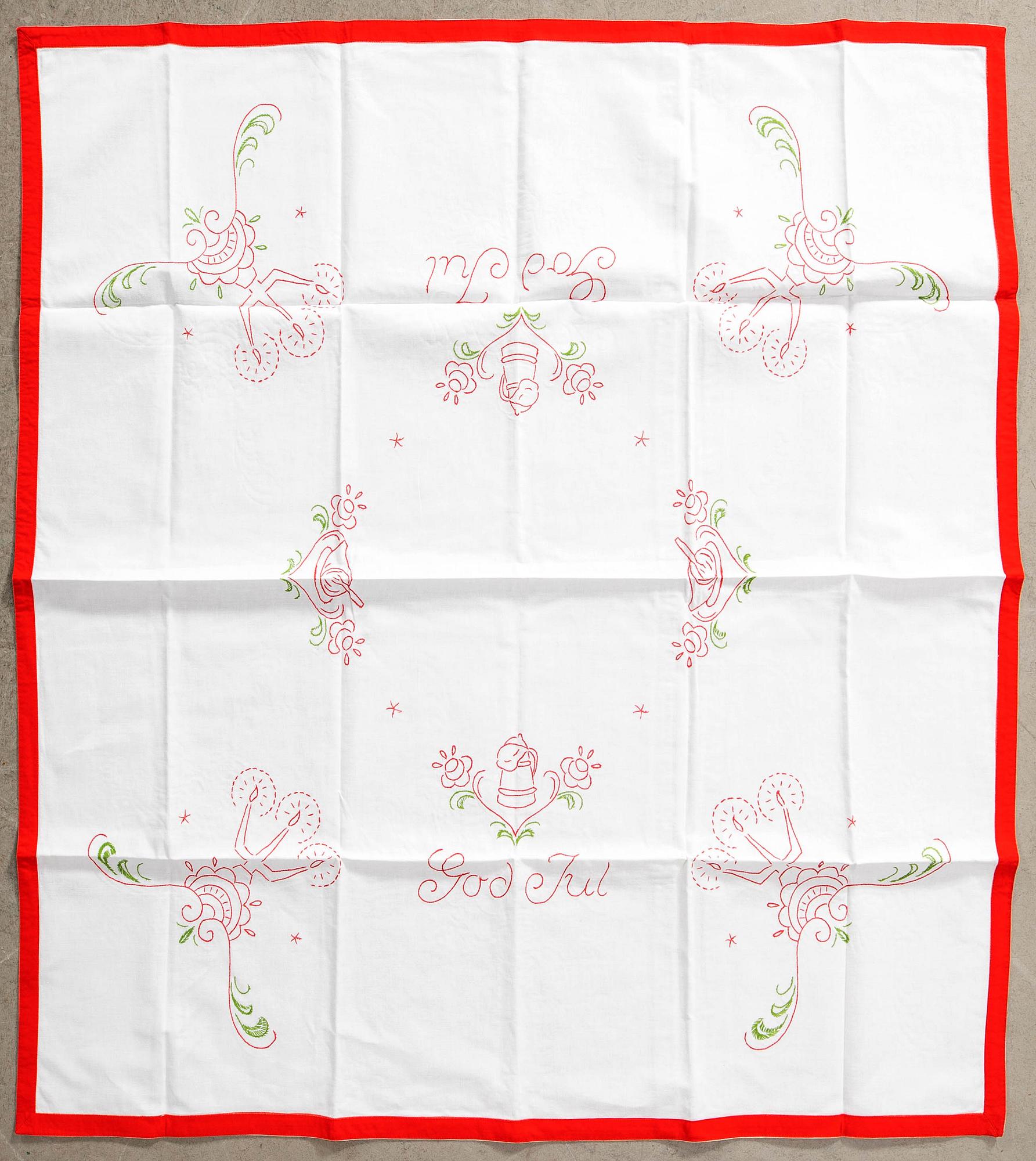 A collection of smaller Christmas tablecloths, runners, wall hangings, curtains, and Christmas tree skirts, 32 pcs, 20th century.